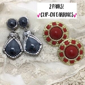 (2) Pairs Chunky Dangle Statement Clip-On Earrings